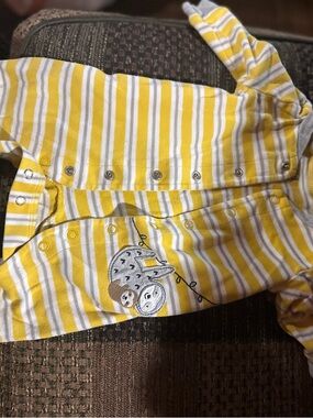 child of mine Yellow, White & Gray Striped Footie with Sloth Embroidery